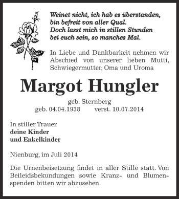 Traueranzeige von Margot Hungler von Super Sonntag Bernburg