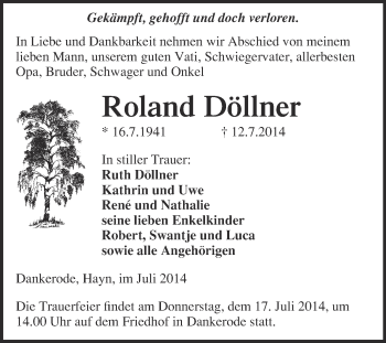 Traueranzeige von Roland Döllner von WVG - Wochenspiegel Quedlinburg
