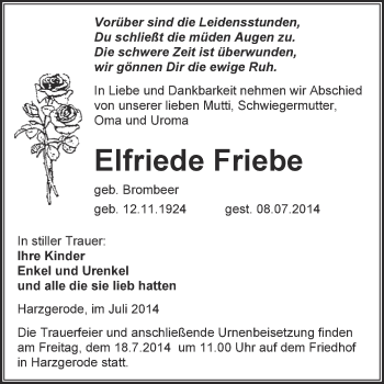 Traueranzeige von Elfriede Friebe von Super Sonntag Quedlinburg