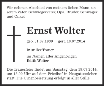 Traueranzeige von Ernst Wolter von WVG - Wochenspiegel Bernburg