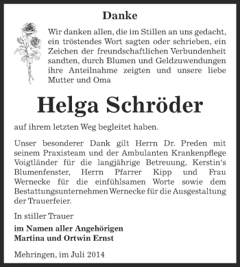 Traueranzeige von Helga Schröder von WVG - Wochenspiegel Aschersleben