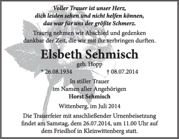 Traueranzeige von Elsbeth Sehmisch von WVG - Wochenspiegel Wittenberg
