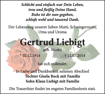 Traueranzeige von Gertrud Liebigt von Super Sonntag Dessau / Köthen