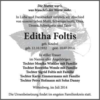 Traueranzeige von Editha Foltis von Super Sonntag Wittenberg