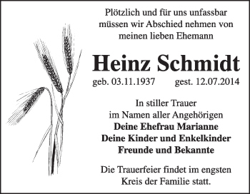 Traueranzeige von Heinz Schmidt von Super Sonntag Dessau / Köthen