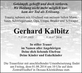 Traueranzeige von Gerhard Kalbitz von Super Sonntag Dessau / Köthen