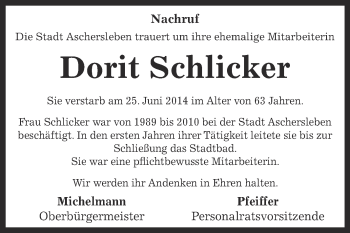 Traueranzeige von Dorit Schlicker von WVG - Wochenspiegel Aschersleben