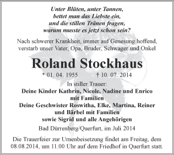 Traueranzeige von Roland Stockhaus von Super Sonntag Merseburg