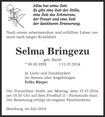 Traueranzeige von Selma Bringezu von Super Sonntag Bernburg