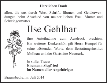 Traueranzeige von Ilse Gehlhar von WVG - Wochenspiegel Merseburg