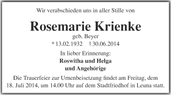 Traueranzeige von Rosemarie Krienke von WVG - Wochenspiegel Merseburg