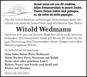 Traueranzeige von Witold Wedmann von Super Sonntag Zeitz