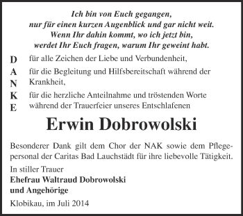 Traueranzeige von Erwin Dobrowolski von Super Sonntag Merseburg
