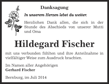 Traueranzeige von Hildegard Fischer von Super Sonntag Bernburg