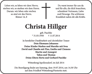 Traueranzeige von Christa Hillger von WVG - Wochenspiegel Wittenberg