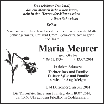 Traueranzeige von Maria Meurer von Super Sonntag Merseburg