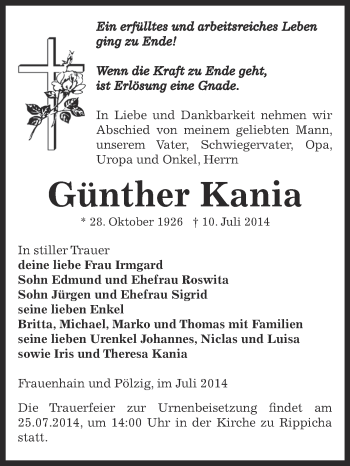 Traueranzeige von Günther Kania von Super Sonntag Zeitz