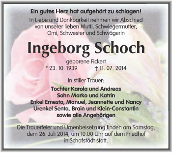 Traueranzeige von Ingeborg Schoch von Super Sonntag Merseburg