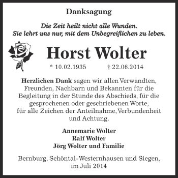 Traueranzeige von Horst Wolter von Super Sonntag Bernburg