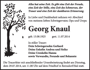 Traueranzeige von Georg Knaul von Super Sonntag Wittenberg