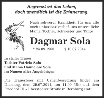 Traueranzeige von Dagmar Sola von Super Sonntag Bernburg