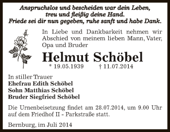 Traueranzeige von Helmut Schöbel von Super Sonntag Bernburg