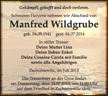 Traueranzeige von Manfred Wildgrube von WVG - Wochenspiegel Wittenberg