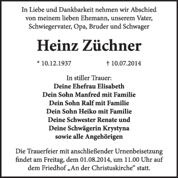 Traueranzeige von Heinz Züchner von WVG - Wochenspiegel Wittenberg