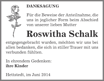 Traueranzeige von Roswitha Schalk von Super Sonntag SGH Mansf. Land