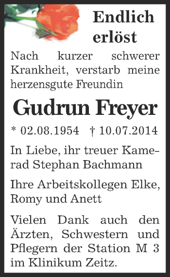 Traueranzeige von Gudrun Freyer von Super Sonntag Zeitz