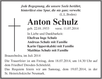 Traueranzeige von Anton Schulz von WVG - Wochenspiegel Merseburg