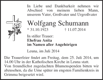 Traueranzeige von Wolfgang Schumann von WVG - Wochenspiegel Merseburg