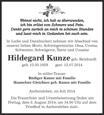 Traueranzeige von Hildegard Kunze von Super Sonntag Aschersleben