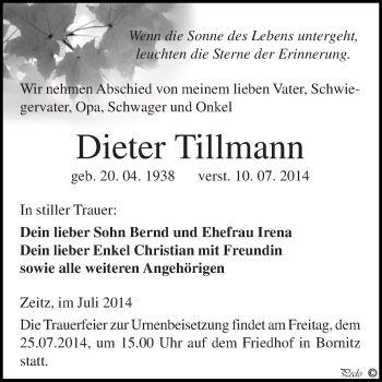 Traueranzeige von Dieter Tillmann von Super Sonntag Zeitz