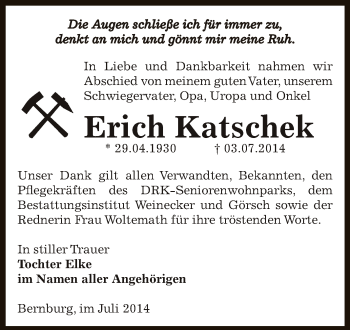 Traueranzeige von Erich Katschek von Super Sonntag Bernburg