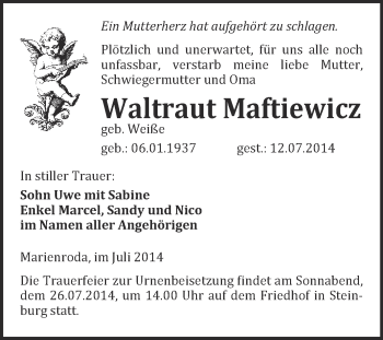 Traueranzeige von Waltraut Maftiewicz von WVG - Wochenspiegel NMB / WSF / ZTZ
