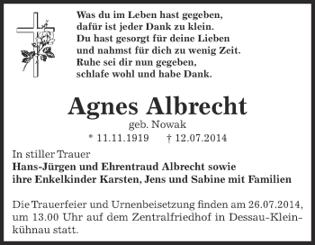 Traueranzeige von Agnes Albrecht von WVG - Wochenspiegel Dessau / Köthen