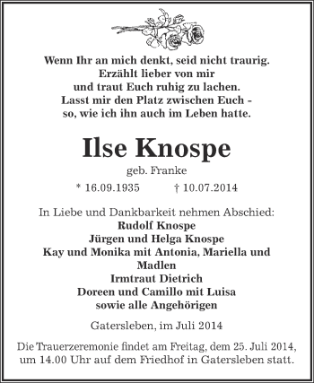 Traueranzeige von Ilse Knospe von Super Sonntag Aschersleben