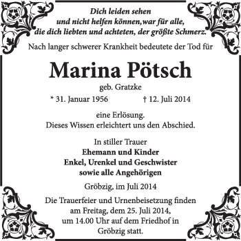 Traueranzeige von Marina Pötsch von Super Sonntag Dessau / Köthen