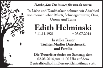 Traueranzeige von Edith Helminski von Super Sonntag Dessau / Köthen