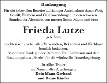 Traueranzeige von Frieda Lutze von Super Sonntag Dessau / Köthen