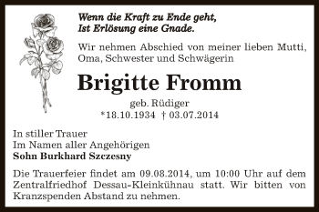 Traueranzeige von Brigitte Fromm von WVG - Wochenspiegel Dessau / Köthen