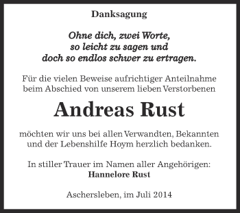 Traueranzeige von Andreas Rust von Super Sonntag Aschersleben