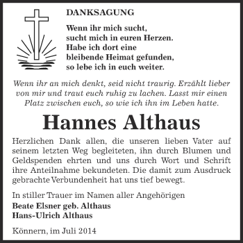Traueranzeige von Hannes Althaus von Super Sonntag Bernburg