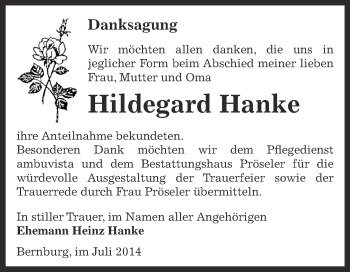 Traueranzeige von Hildegard Hanke von Super Sonntag Bernburg