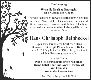 Traueranzeige von Hans Christoph Reinheckel von Super Sonntag Merseburg