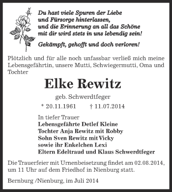 Traueranzeige von Elke Rewitz von Super Sonntag Bernburg