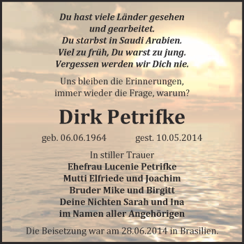 Traueranzeige von Dirk Petrifke von WVG - Wochenspiegel Merseburg