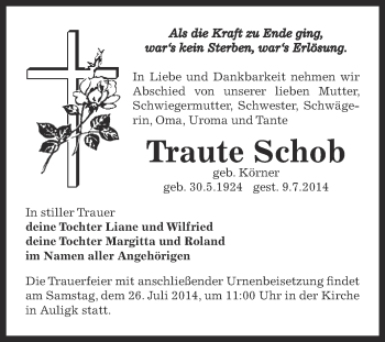 Traueranzeige von Traute Schob von Super Sonntag Zeitz