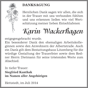 Traueranzeige von Karin Wackerhagen von Wochenspiegel Mansfelder Land